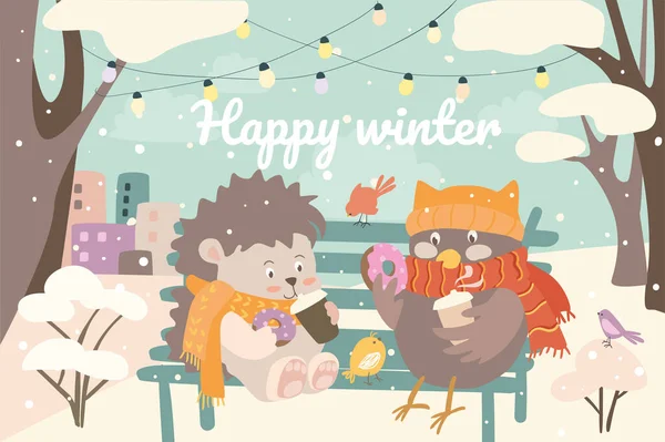 Happy winter animals concept background. Hedgehog and owl in warm scarves drink coffee and eat donuts sitting on bench in park. Cute pets in snowy city. Vector illustration in flat cartoon design — Stock Vector
