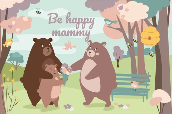 Будьте счастливы с маминой концепцией. Поздравительная открытка с животными. Милая семья медведей, отец и сын дают букет матери в весеннем лесу или парке. Векторная иллюстрация в плоском рисунке — стоковый вектор