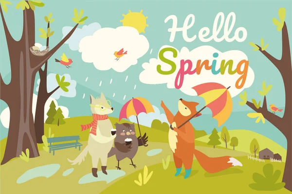 Фон концепции Hello spring. Милые животные приветствуют весну. Лиса, сова и волк с зонтиками стоят и пьют кофе в лесу в дождливую погоду. Векторная иллюстрация в плоском рисунке — стоковый вектор