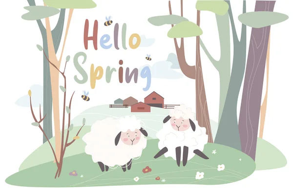 Фон концепции Hello spring. Милые животные приветствуют весну. Овцы идут по лужайке рядом с фермой. Лесной край с зелеными деревьями и цветущими цветами. Векторная иллюстрация в плоском рисунке — стоковый вектор