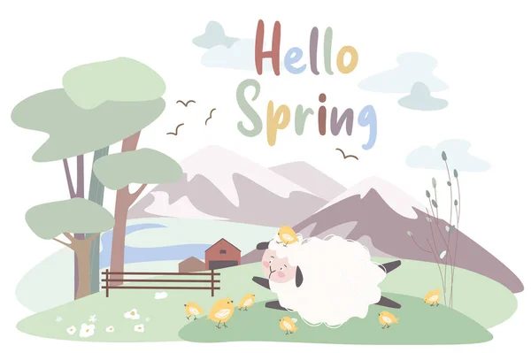 Фон концепции Hello spring. Милые животные приветствуют весну. Овцы лежат на лужайке с цыплятами возле фермы. Горный пейзаж с зелеными деревьями на холмах. Векторная иллюстрация в плоском рисунке — стоковый вектор