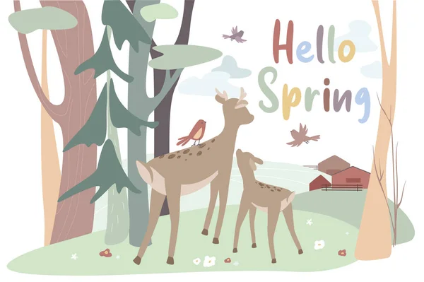 Фон концепции Hello spring. Милые животные приветствуют весну. Олень и олень стоят на краю леса и смотрят на ферму. Пейзаж с деревьями и цветами. Векторная иллюстрация в плоском рисунке — стоковый вектор