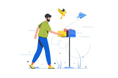 E-posta servisi modern daire konsepti. Adam mektupları zarfa koyup posta kutusuna koyuyor. Çevrimiçi iletişim ve kişisel yazışmalar. Web paneli tasarımı için insan sahnesi olan vektör illüstrasyonu