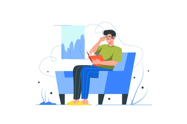 Gente leyendo libro moderno concepto plano. Joven sentado en la silla y lee novela. Estudiante estudiando libro de texto y preparándose para los exámenes. Ilustración vectorial con escena humana para diseño de banners web — Vector de stock