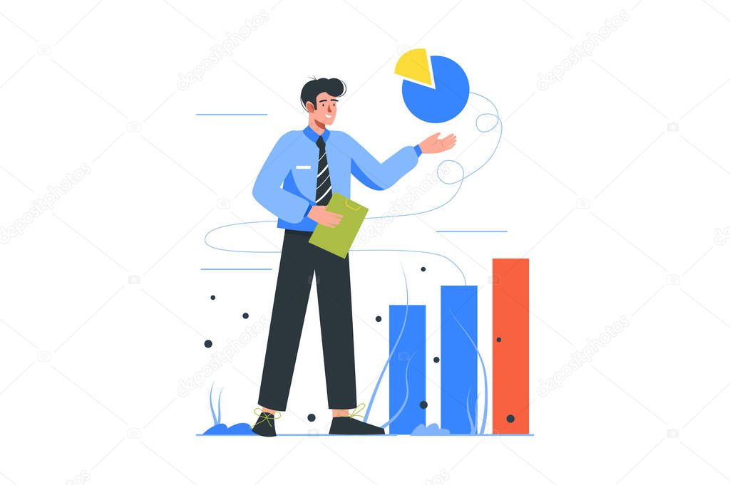 Business process modern flat concept. Businessman analyzes data and financial statistics, develops success business and earns income profit. Vector illustration with people scene for web banner design