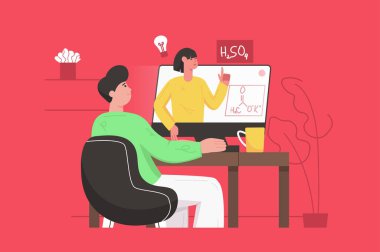 Uzaktan öğrenme ve çevrimiçi eğitim modern düz konsept. Öğrenci bilgisayar ekranında öğretmenle kimya üzerine video dersi izliyor. Web paneli tasarımı için insan sahnesi olan vektör illüstrasyonu