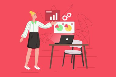 İş süreci ve veri analizi modern düz kavram. İş kadını diyagramlara işaret ediyor ve mali istatistiklerle sunum yapıyor. Web paneli tasarımı için insan sahnesi olan vektör illüstrasyonu