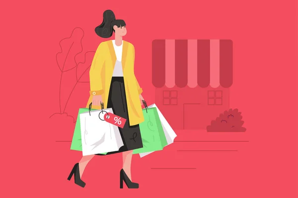 店舗での販売にショッピング現代的なフラットコンセプト。幸せな女性は割引価格で多くの購入をし、通りに沿って袋で歩く。ウェブバナーデザインのための人々のシーンとベクトルイラスト — ストックベクタ