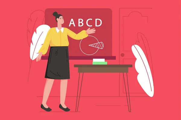 Profesor de escuela en la lección concepto plano moderno. La maestra está en la pizarra y apunta mano a mano al alfabeto. Educación y conocimiento. Ilustración vectorial con escena de personas para diseño de banner web — Vector de stock