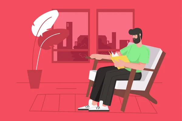 Gente leyendo libro moderno concepto plano. El hombre feliz lee novela mientras está sentado en un sillón. Estudiante estudia libro de texto y gana conocimiento. Ilustración vectorial con escena de personaje para diseño de banner web — Vector de stock