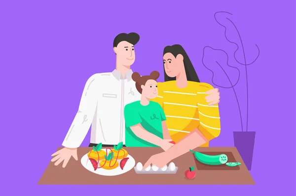 健康的な家族との関係近代的なフラットコンセプト。幸せなお父さん、お母さんと娘は夕食を調理し、家庭のキッチンで野菜を準備します。ウェブバナーデザインのための人々のシーンとベクトルイラスト — ストックベクタ
