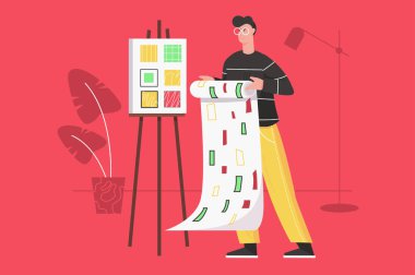 Modern düz konsept tasarım stüdyosunda çalışan tasarımcı. Duvar kağıdı ya da kumaş tutan adam soyut desenli ve yeni geometrik şekiller seçiyor. Web paneli için insan sahnesi olan vektör illüstrasyonu