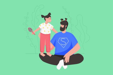 Fathers day holiday celebration modern flat concept. Cute little daughter ties ponytails at fathers hair. Happy dad playing with child. Vector illustration with people scene for web banner design vector