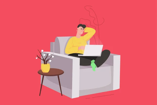 Trabajando de forma independiente en una cómoda oficina de concepto plano moderno. Hombre feliz trabaja en línea y hacer tareas con el ordenador portátil mientras está sentado en el sillón. Ilustración vectorial con escena de personas para diseño de banner web — Archivo Imágenes Vectoriales