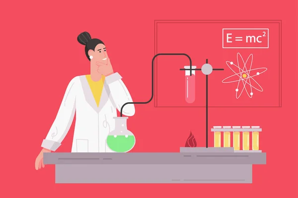 Scientifique travaille dans le laboratoire scientifique concept plat moderne. Femme chercheuse fait des tests en utilisant des flacons et du matériel de laboratoire, étudie la physique. Illustration vectorielle avec scène de personnes pour la conception de bannières Web — Image vectorielle