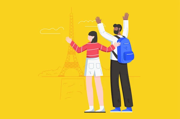 Touristen reisen mit modernem Flachbild-Konzept in den Urlaub. Glückliches Paar spaziert durch Paris und besichtigt die Stadt. Mann und Frau blicken auf den Eiffelturm. Vektor-Illustration mit People-Szene für Web-Banner-Design — Stockvektor