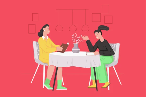 Jantar no restaurante conceito apartamento moderno. Mulheres felizes conversando e escolhendo pratos no menu enquanto se sentam à mesa. Encontro de namoradas. Ilustração vetorial com cena de pessoas para design de banner web — Vetor de Stock