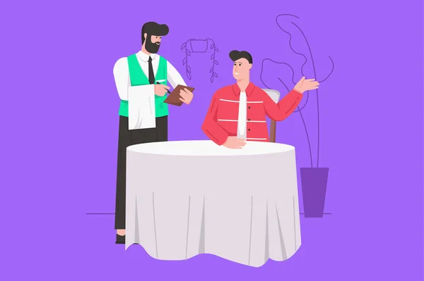 Dinner at restaurant modern flat concept. Happy man makes order while sitting at table, waiter serves client. Visitor waits for dishes. Vector illustration with people scene for web banner design — Stock Vector
