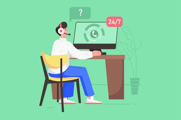 Çağrı merkezi ve müşteri desteği modern düz konsept. Kulaklık danışmanı bilgisayarda çalışır ve müşterinin teknik sorunları çözmesine yardımcı olur. Web paneli tasarımı için insan sahnesi olan vektör illüstrasyonu