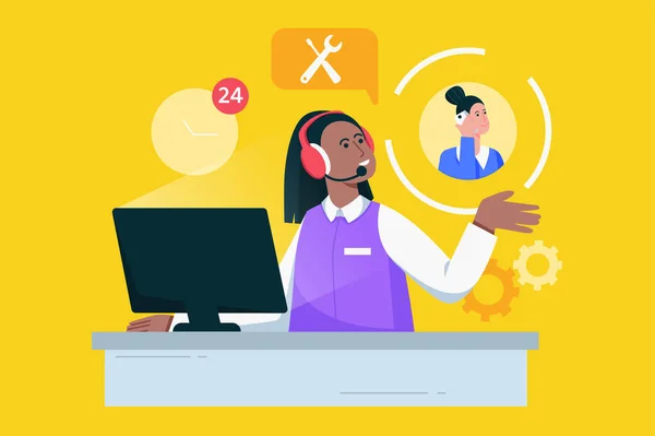 Çağrı merkezi ve müşteri desteği modern düz konsept. Kulaklıklı kadın operatör acil yardım hattında çalışıyor, müşterilerine 24 saat telefonda tavsiyelerde bulunuyor. Web paneli tasarımı için insan sahnesi olan vektör illüstrasyonu