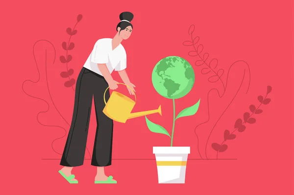 Dia da Terra celebração feriado conceito apartamento moderno. Mulher está regando planta com planta, cuidar e crescer mudas. Protecção do ambiente. Ilustração vetorial com cena de pessoas para design de banner web — Vetor de Stock