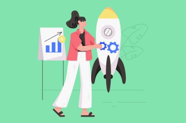 Yeni bir iş kurma ve başlatma modern düz konsept. İş kadını roket fırlatır, finans verilerini analiz eder ve geliştirme stratejisi oluşturur. Web paneli tasarımı için insan sahnesi olan vektör illüstrasyonu