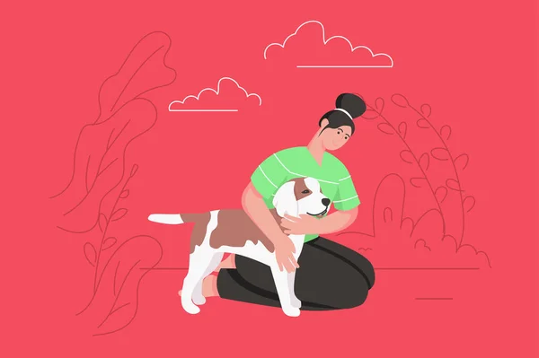 Animaux mignons et leurs propriétaires ensemble concept plat moderne. Femme heureuse assise et embrassant son chien. Une jeune fille passe du temps avec un chiot. Illustration vectorielle avec scène de personnes pour la conception de bannières Web — Image vectorielle