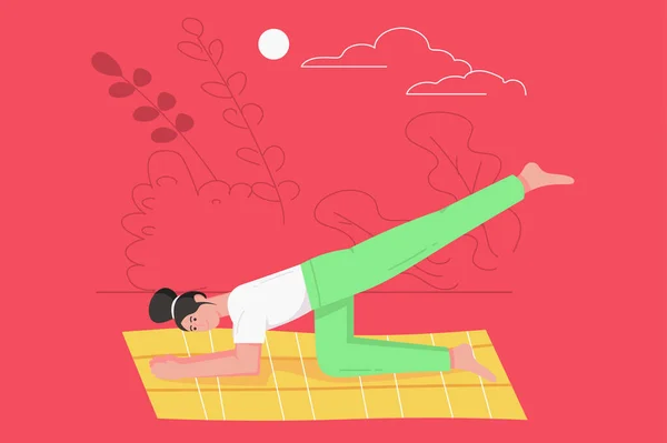 Yoga asana oefenen moderne platte concept. Vrouw traint haar lichaam terwijl ze in yoga poseert op mat. Sterke training om evenwicht te ontwikkelen. Vector illustratie met mensen scene voor web banner ontwerp — Stockvector