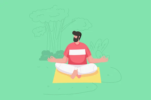 Joga asana praktykuje nowoczesną koncepcję płaską. Człowiek siedzi w pozycji lotosu i medytuje. Młody facet oddycha i uspokaja umysł siedząc na macie. Ilustracja wektorowa z ludźmi scena do projektowania banerów internetowych — Wektor stockowy