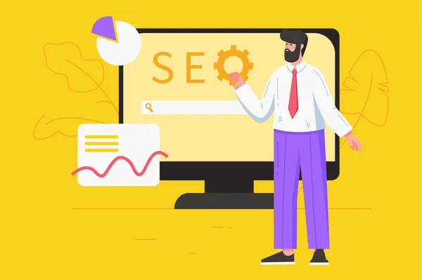 Seo optimization service modern flat concept. Man settings up search engine, works with site data, analyzes query statistics and ranking. Vector illustration with people scene for web banner design — Stock Vector