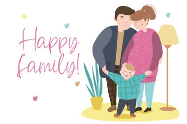 Mutlu aile kavramı. Gülümseyen baba, anne ve oğlu rahat evlerinde ayakta durup sarılıyorlar. İyi ilişkiler, ebeveynlik ve çocukluk. Düz çizgi film tasarımında vektör illüstrasyonu