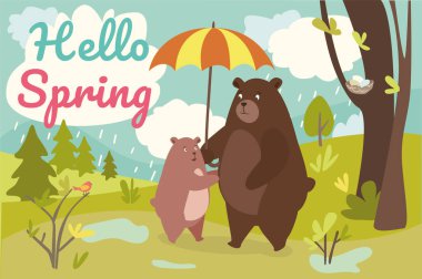 Merhaba bahar konsepti. Baharı karşılayan sevimli hayvanlar. Baba ayı şemsiyeyi tutuyor ve ayı yavrusu ona sarılıyor. Aile yağmurlu havada ormanda yürüyor. Düz çizgi film tasarımında vektör illüstrasyonu