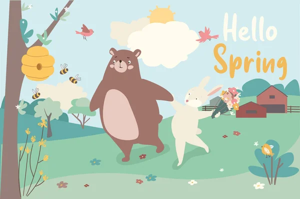 Фон концепции Hello spring. Милые животные приветствуют весну. Кролики держат пасхальные яйца, птицы сидят возле гнезда на ветвях деревьев, ягнята катаются на качелях. Векторная иллюстрация в плоском рисунке — стоковый вектор