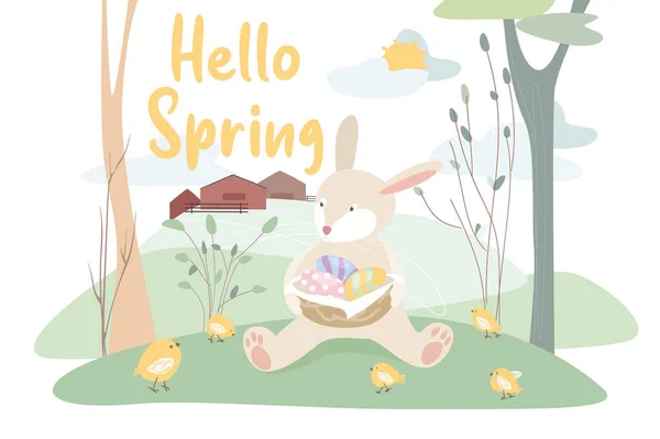 Фон концепции Hello spring. Милые животные приветствуют весну. Пасхальный кролик держит корзину с красочными яйцами и прячет ее на краю леса с птицами. Векторная иллюстрация в плоском рисунке — стоковый вектор