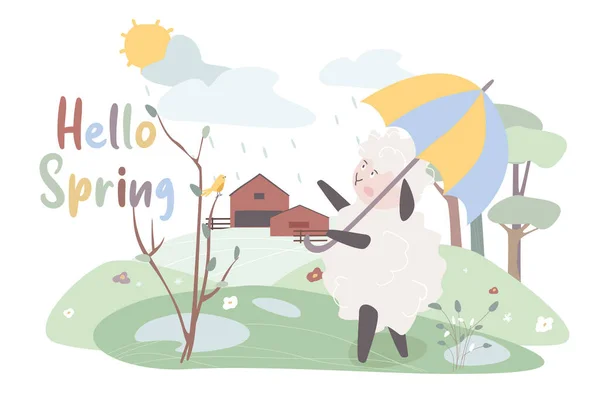 Фон концепции Hello spring. Милые животные приветствуют весну. Овцы под зонтиком прогулки зеленый холм с цветущими цветами в дождливую погоду на ферме. Векторная иллюстрация в плоском рисунке — стоковый вектор