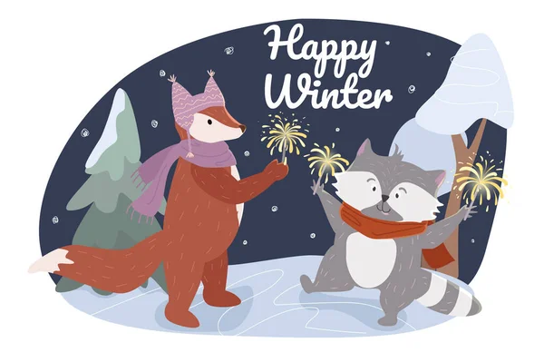 Šťastné zimní koncepce pozadí. Roztomilá zvířata vítají zimu. Liška v pleteném klobouku, šála a mýval drží třpytky a bavte se společně v lese. Vektorová ilustrace v plochém kresleném designu — Stockový vektor