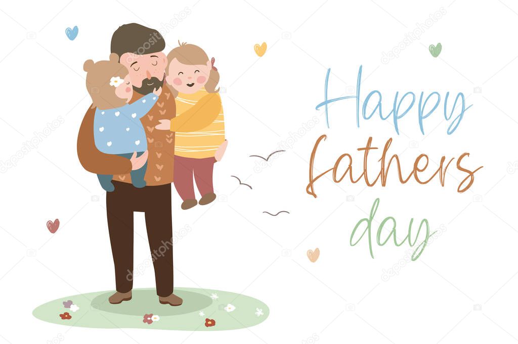 Happy Fathers day concept background. Cute dad hugs his daughters and holds them in his arms. Happy little girls cuddle and congratulate father on holiday. Vector illustration in flat cartoon design