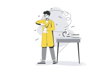 Bilim laboratuarı düz çizgi konsepti. Erkek bilim adamı laboratuvar testi ya da kimyasal test yapıyor. Araştırmacı ekipman üzerinde keşifler yapar. Web pankartı tasarımı için ana hatları olan vektör illüstrasyonuName