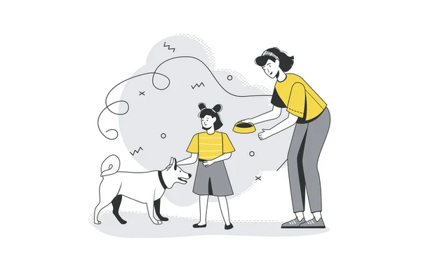 Conceito de linha plana familiar saudável. Mãe e filha alimentam o cão e cuidam do animal de estimação. Passatempo de pais, filhos e animais domésticos juntos. Ilustração vetorial com esboço de pessoas cena para web banner design — Vetor de Stock