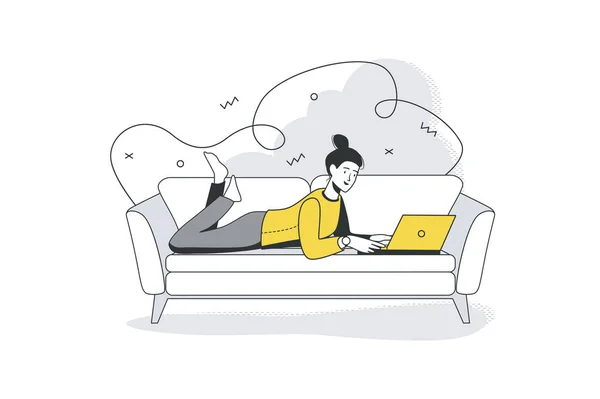 自由职业工作的平面线概念。女人在笔记本电脑上工作，躺在沙发上。远程工作者执行任务。总部的自由撰稿人网页横幅设计中带有人物形象的矢量图形 — 图库矢量图片