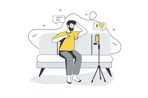 Video yayını düz çizgi konsepti. Blogger canlı yayın yapıyor ve takipçilerin sorularını telefonla cevaplıyor, internet üzerinden iletişim kuruyor. Web pankartı tasarımı için ana hatları olan vektör illüstrasyonuName