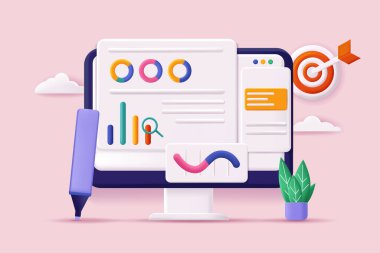 Veri analizi konsepti 3D çizim. Site arayüzündeki grafik ve diyagramların istatistikleriyle simge bileşimi. İş stratejisi geliştirme ve hedef alma. Modern web tasarımı için vektör illüstrasyonu