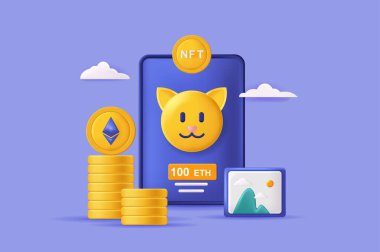 NFT karşılanamayan 3D çizim konsepti. Şifreli paralar, koleksiyon sanat ve oyun içeren simge kompozisyonu. Engelleme teknolojisi ve kriptografik. Modern web tasarımı için vektör illüstrasyonu