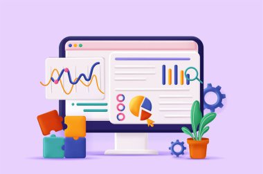 Seo analiz konsepti 3 boyutlu illüstrasyon. Veri ve istatistiklerle site arayüzü ile simge bileşimi. Arama motoru optimizasyonu, web sitesi tanıtım stratejisi. Modern web tasarımı için vektör illüstrasyonu