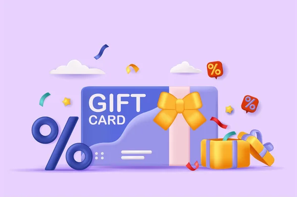 Shopping cadeaubon concept 3D illustratie. Ikoon compositie met kaart met strik, geschenkdoos en kortingen op aankopen. Loyaliteitsprogramma en bonussen. Vector illustratie voor modern webdesign — Stockvector