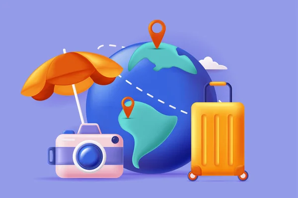 Reisen und in den Urlaub fahren Konzept 3D-Illustration. Symbolkomposition mit Anstecknadeln der Reiseroute am Globus, Gepäck, Regenschirm und Fotokamera. Globaler Tourismus. Vektorillustration für modernes Webdesign — Stockvektor