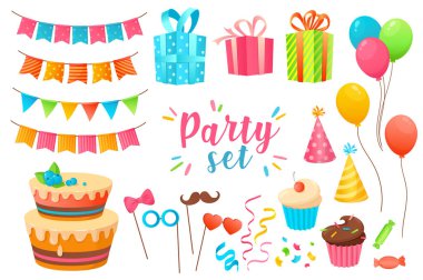 Parti 3D gerçekçi seti. Bir demet bayrak çelengi, hediye kutusu, balonlar, doğum günü pastası, yay, bıyık veya çubuk, kurabiye, şenlik şapkası ve izole elementler. Vektör illüstrasyonu
