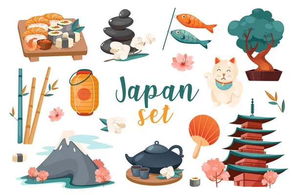 Japonya 3D gerçekçi bir seti simgeliyor. Japon mutfağı, suşi, rulo, sazan balığı, bonsai ağacı, kedi, bambu, fener, Fuji dağı, çay töreni ve diğer izole edilmiş elementler.