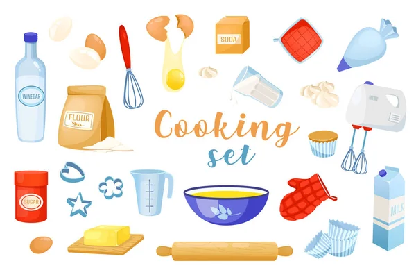 Aşçılık araçları 3 boyutlu gerçekçi set. Un, yumurta, çırpı, soda, bardak içinde süt, şekerleme kolu, karıştırıcı, tereyağı, merdane, mutfak gereçleri ve diğer yalıtılmış elementler. Vektör çizimi