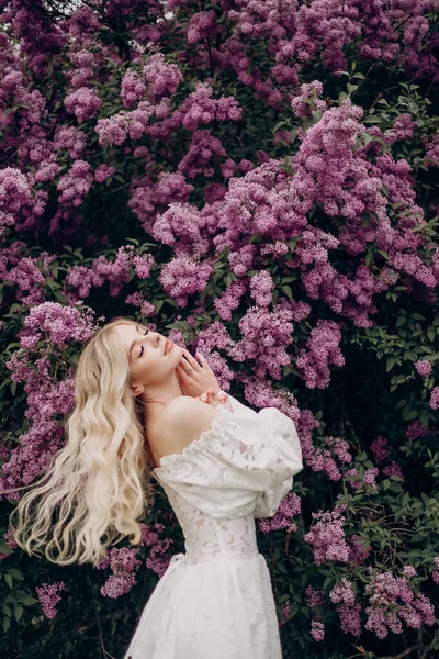 Young Blonde Girl White Wedding Dress Open Top Lilac — Stockfoto